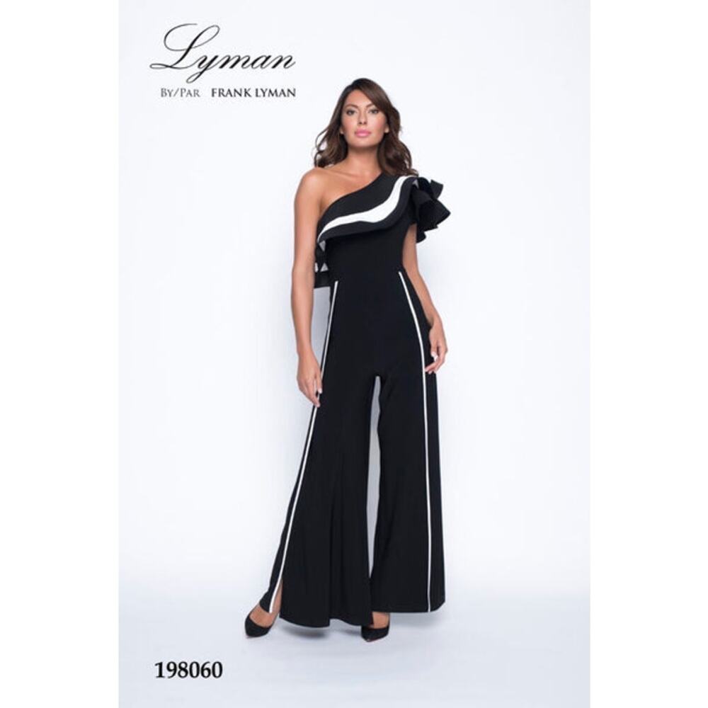 Frank Lyman Jumpsuit Wide Leg One Shoulder Ruffle Black White Size 6 Prom Formal - Picture 1 of 8